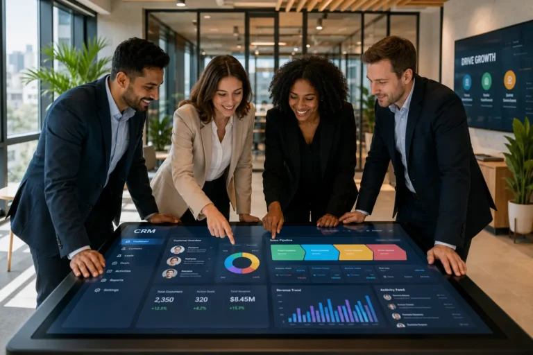 Business team collaborating on how to choose a CRM system for their company